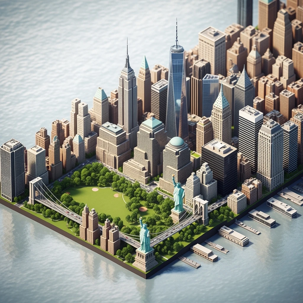 Isometric miniature of New York Сity Empire State Building, One World Trade Center, Statue of Liberty, Brooklyn Bridge, and Central Park 3D miniature effect and Tilt Shift effect, no cartoonish look, transparent background. emoji