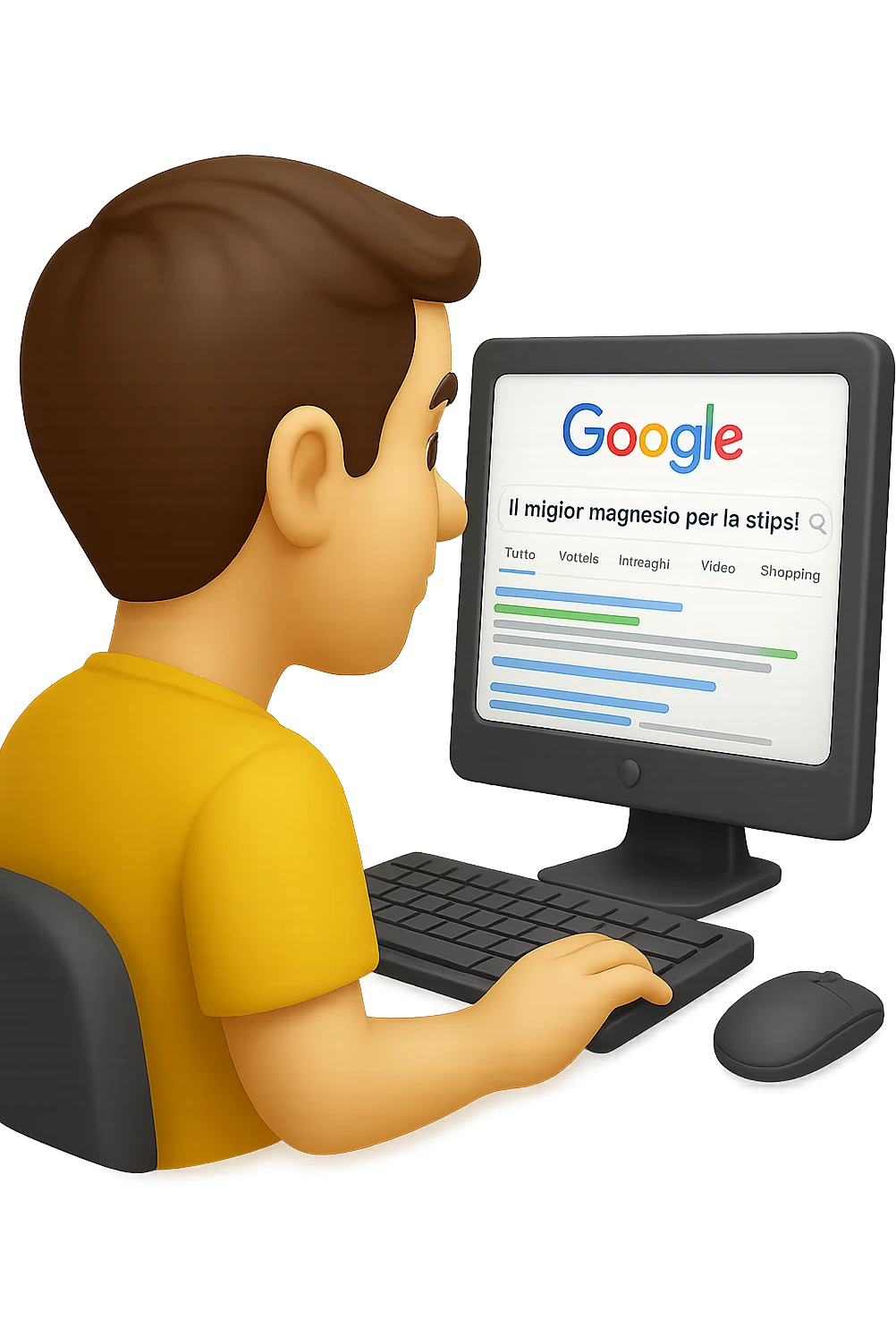 emoji stile iphone di un uomo davanti al pc che cerca di google: "Il miglior magnesio per la stipsi", iperrealistico 4k emoji