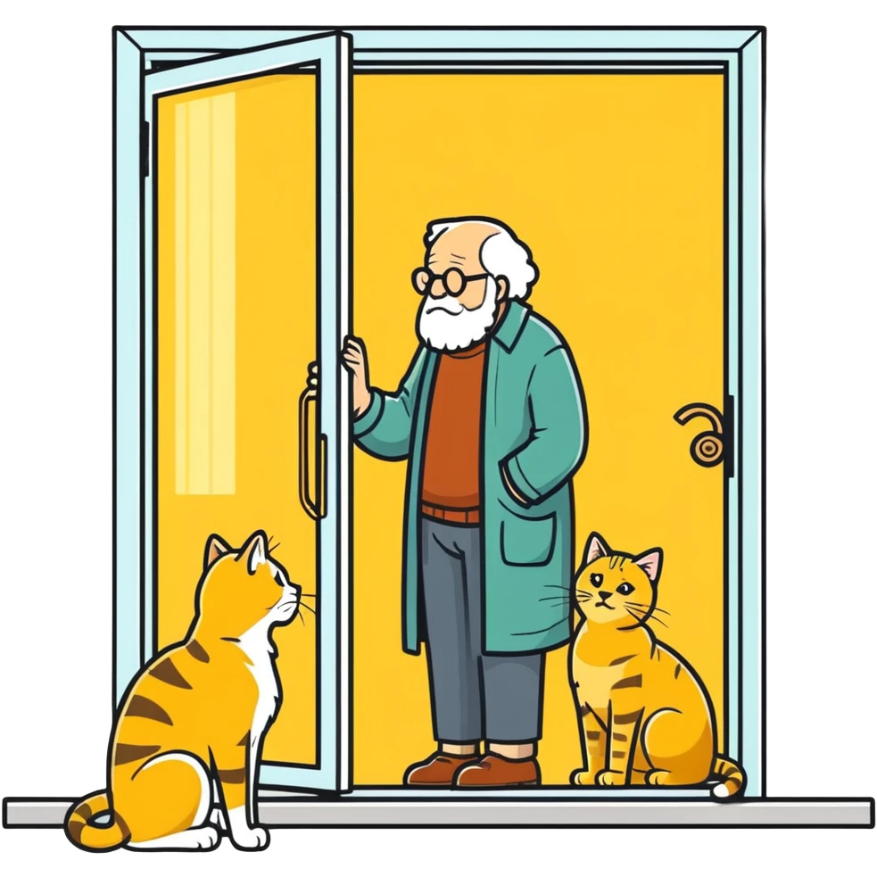  old blind man  looking through glass door at ￼his golden cat  emoji