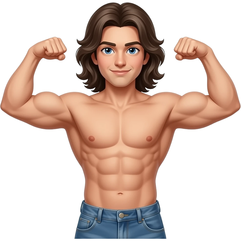 muscular shirtless twink with very long hair flexing with money emoji
