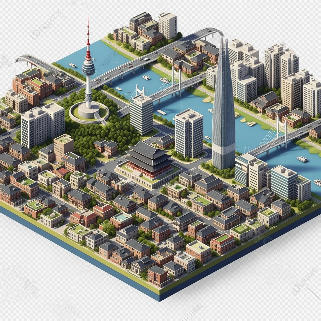 Isometric diorama of Seoul typical houses, Namsan Seoul Tower, Gyeongbokgung Palace, Lotte World Tower, Dongdaemun Design Plaza, and Han River bridges, 3D miniature effect and Tilt Shift effect, no cartoonish look, transparent background. emoji