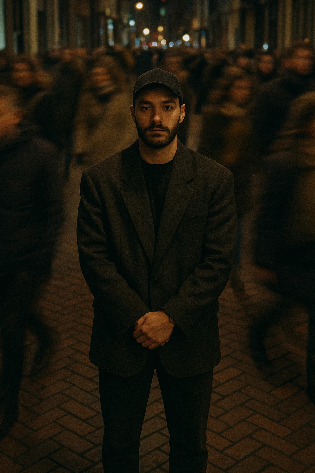 overhead shot of me standing still on a brick city sidewalk, wearing a dark oversized blazer,
motion-blurred crowd rushes past around me. Moody lighting, 35mm film look, shallow depth of field, sharp focus on me. emoji