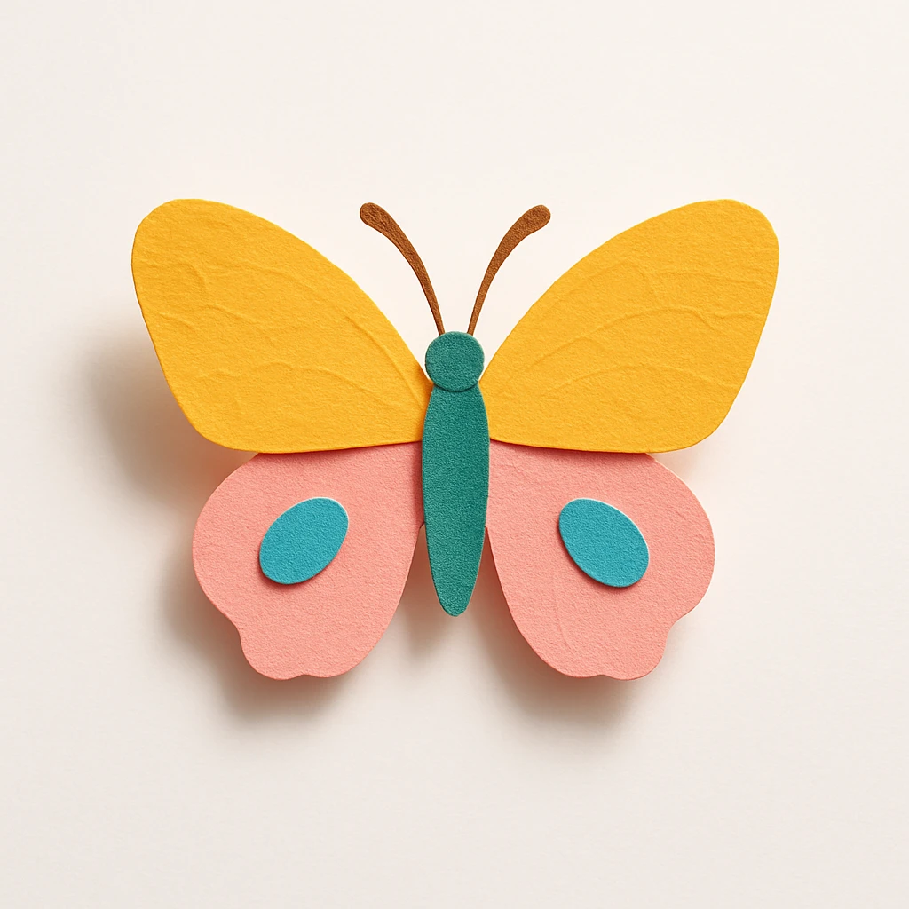 a butterfly in paper craft style with layered paper effect, playful emoji