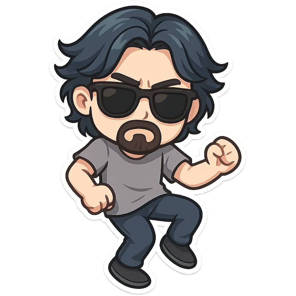 a dark brooding hipster with electric dark blue hair, surfer middle part, chin length hair, classic neat trimmed bushy goatee, black classic rayban shades, plain gray t-shirt, doing the shuffle dance, step shuffle tiktok dance, 1980's dance emoji