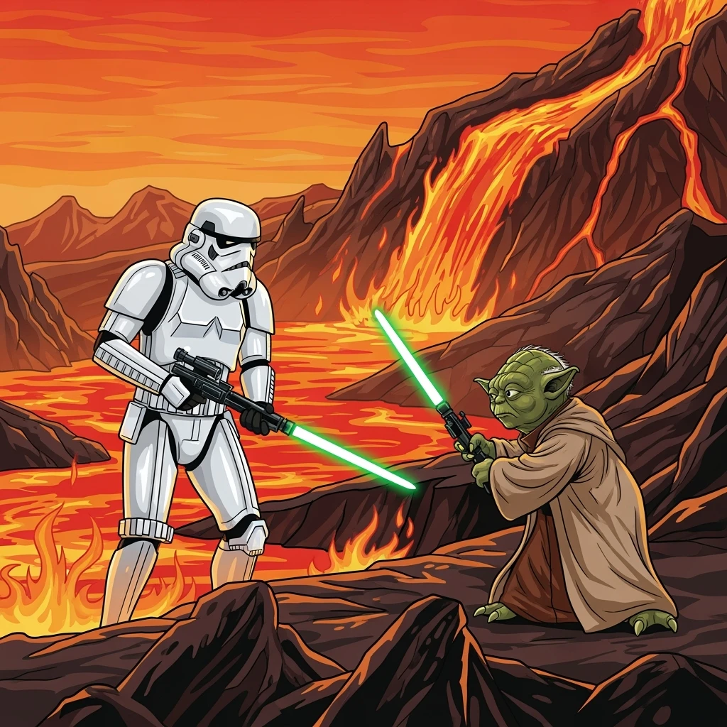 vector art of a Starwars stormtroopers is walking on lava planet with yoda, battleground background 
 emoji