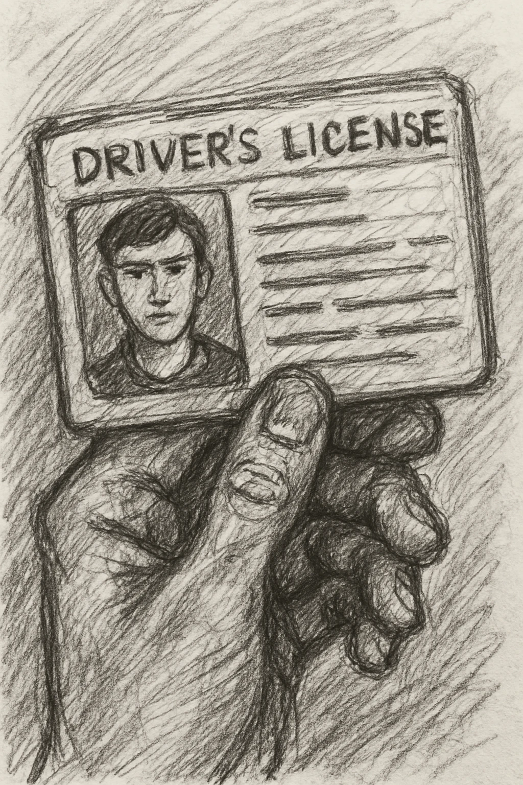 A driver's license in a hand-drawn sketch style with visible pencil lines. emoji