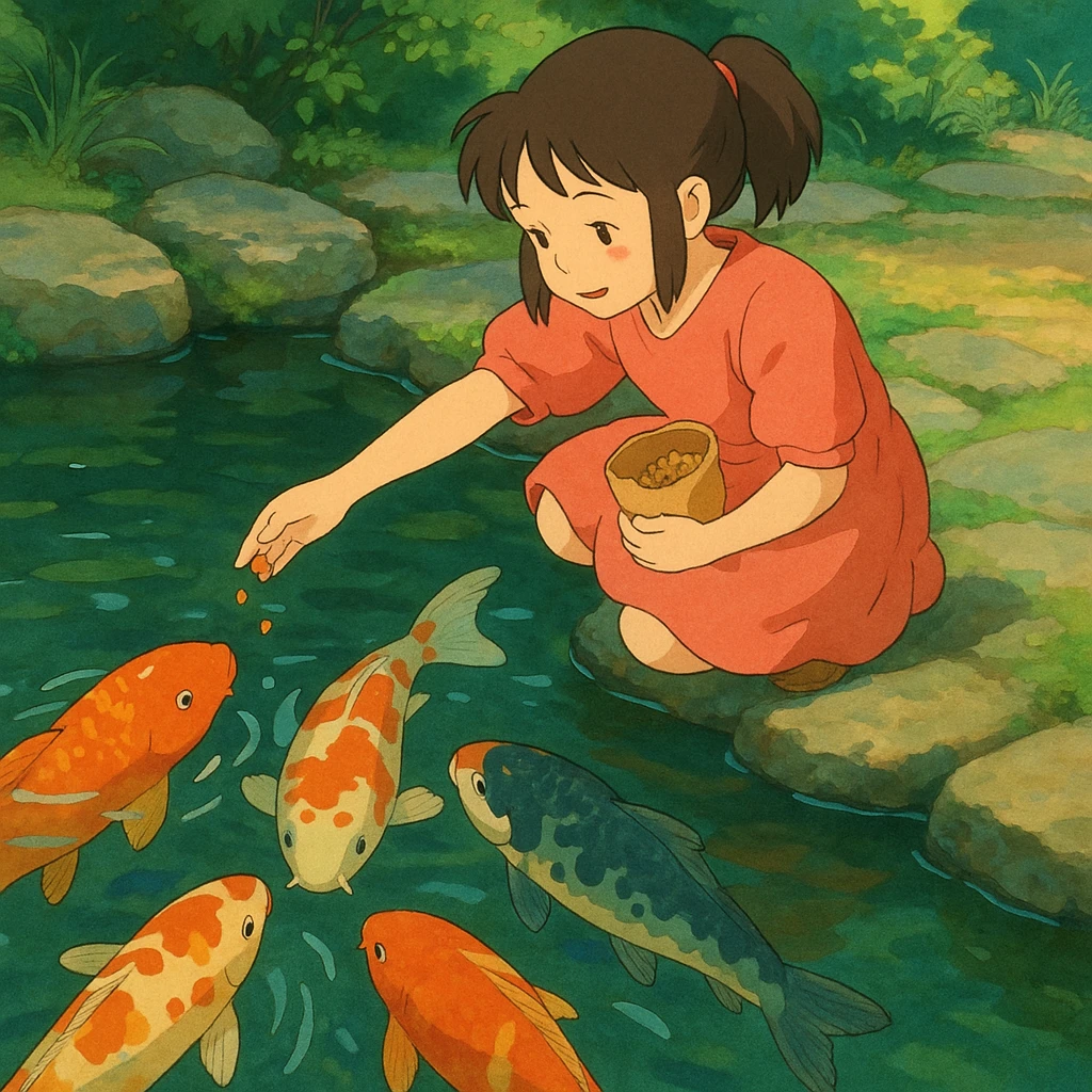 girl feeding koi fish in a pond emoji