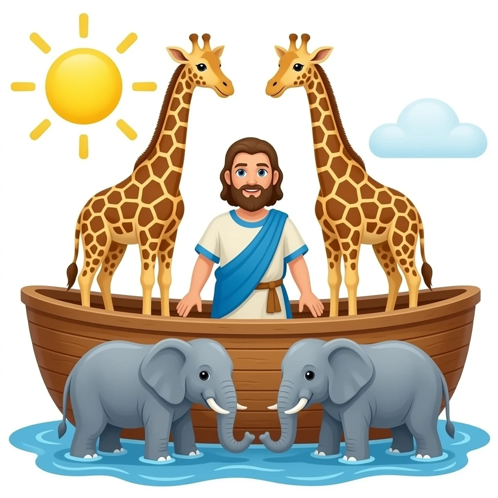 Noah’s Ark with Noah and two giraffes and two elephants emoji