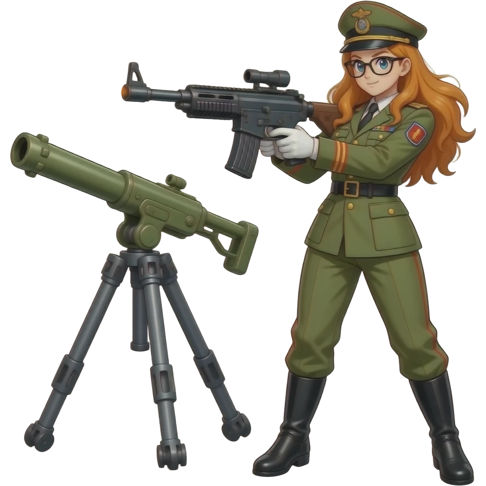 brown bushy auburn haired female android 21 from dragon ball fighterz are wear black glasses with army general dress have shoot with bofors artillery target on enemy emoji