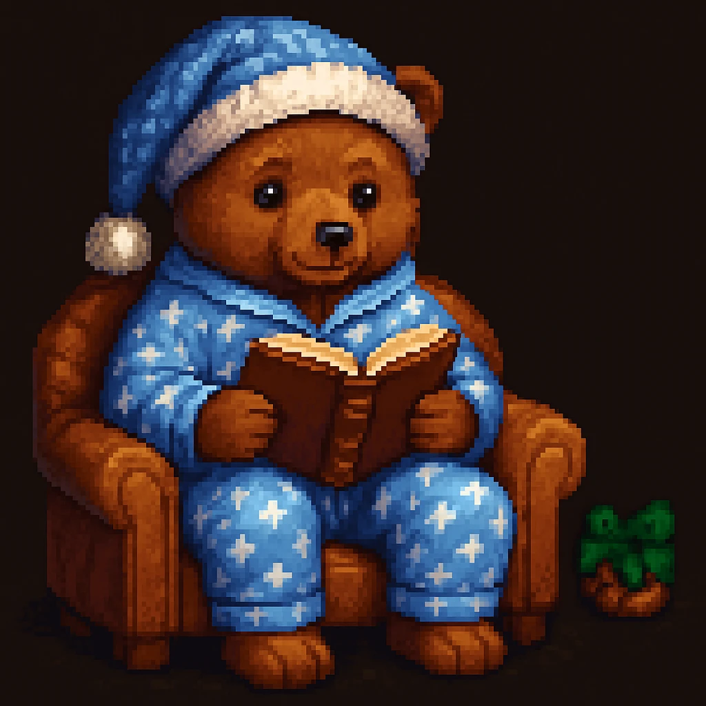 A bear in pajamas, pixel art style, sitting and reading a book, with a hat emoji