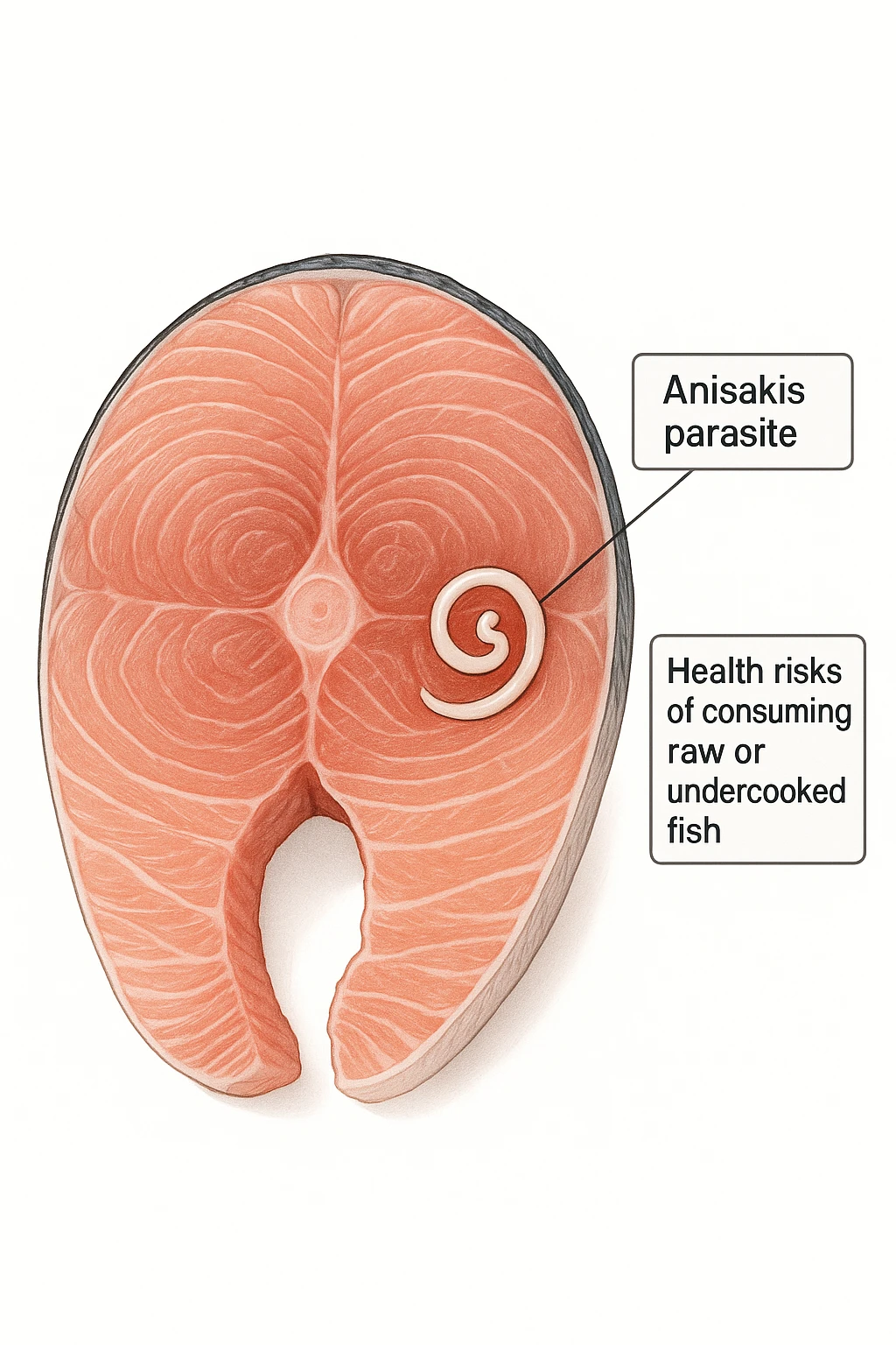 a close-up cross-section of a raw fish fillet, showing a white, coiled Anisakis parasite embedded in the muscle tissue. The parasite is clearly labeled, and the surrounding fish tissue is rendered in detail. The background is clean and white, with educational callouts explaining the risk of consuming raw or undercooked fish. emoji