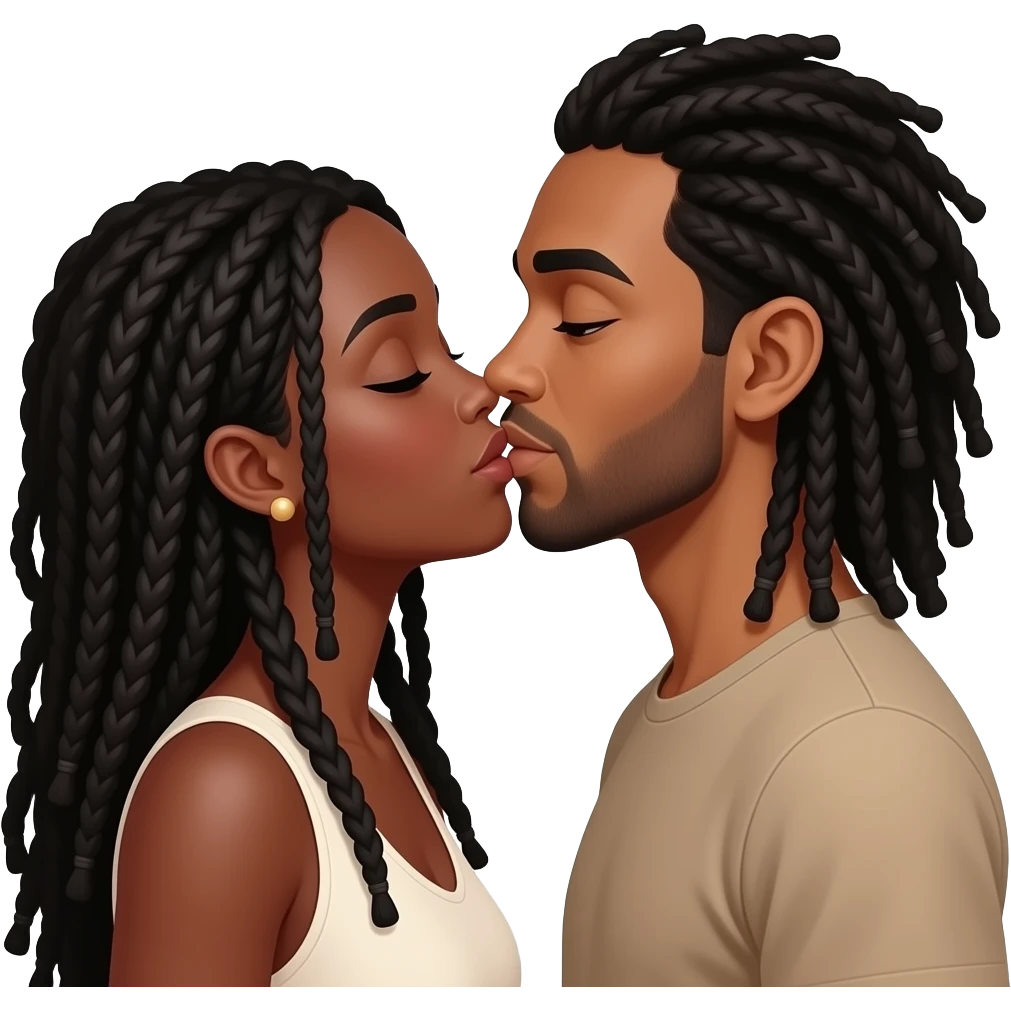 Dark Brown skin woman with long black dreadlocs kissing light brown skin black man with long black dreadlocks emoji