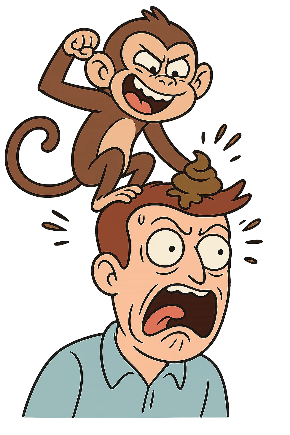 mischievous monkey pooping on a man's head, both with over-the-top facial reactions, cartoon, no background emoji