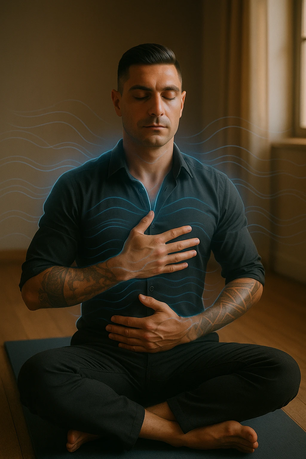 A highly realistic, cinematic portrait of a man in his early 30s with a calm, focused expression, sitting cross-legged on a yoga mat in a softly lit room. His eyes are closed, and he is performing deep diaphragmatic breathing, with one hand resting on his chest and the other on his abdomen, visibly rising and falling with each breath. A subtle glow or faint blue light outlines his body, symbolizing calm energy and nervous system regulation. Around him, faint symbolic waves or flowing lines in blue tones represent the breath calming the autonomic nervous system, while a soft warm light from a window illuminates his relaxed face. The atmosphere is peaceful and grounded, with warm natural tones and a clean, minimalist setting, evoking the feeling of inner calm and nervous system reset through conscious breathing. Style: 35mm hyperrealistic film photography, soft depth of field, warm lighting with clear focus on the man's peaceful face and breathing posture emoji