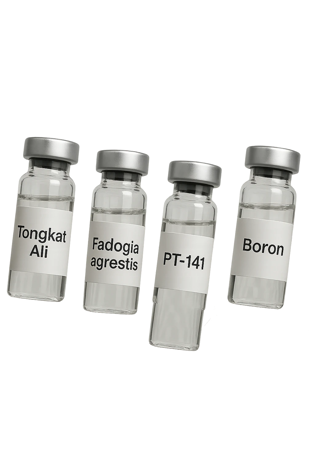 3 fiale mediche: Tongkat Ali, Fadogia Agrestis, PT-141, Boron e Zinco fluttuano in aria verticalmente emoji