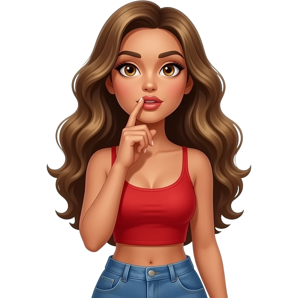 Fingers on lips and thinking looking up woman with tan glowy skin, hazel eyes almond with long lashes,, full lips, dark blonde flowing hair, delicate feminine sexy features, wearing a red crop top and blue low waist jeans, confident and femenine and glam makeup. Intense seductive look. REALISTIC emoji