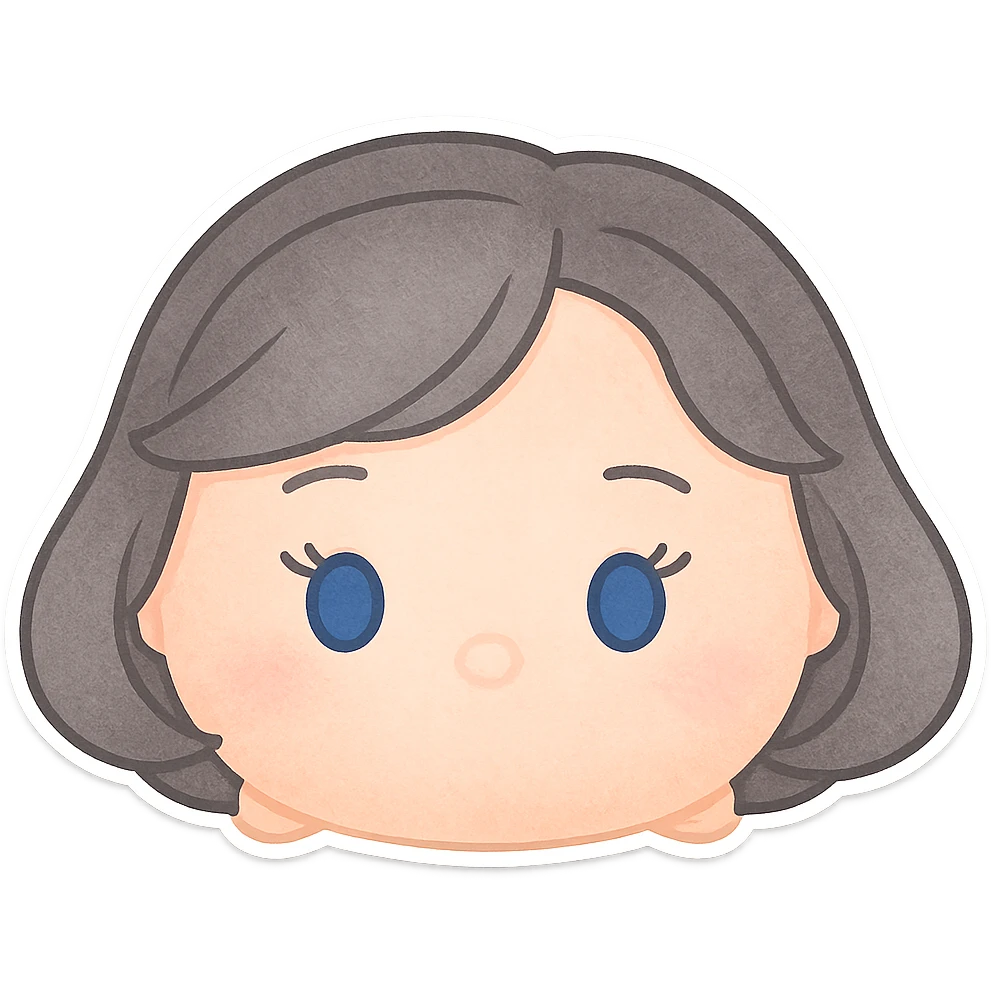 emoji of a female tsum tsum plush, blue eyes, grey 1940s bob hairstyle, no body, no mouth emoji