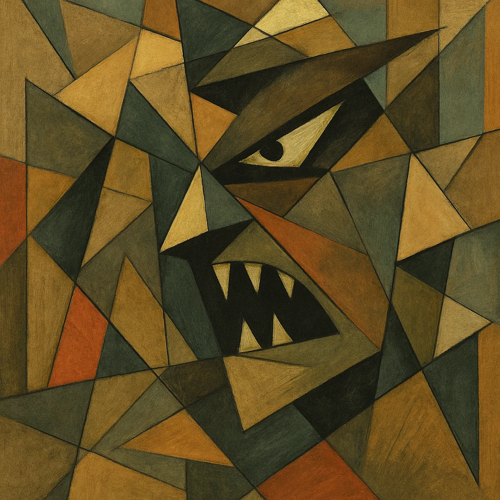 the concept of threat, visually interpreted, surreal or abstract style, cubist abstraction, distorted forms, symbolic elements emoji