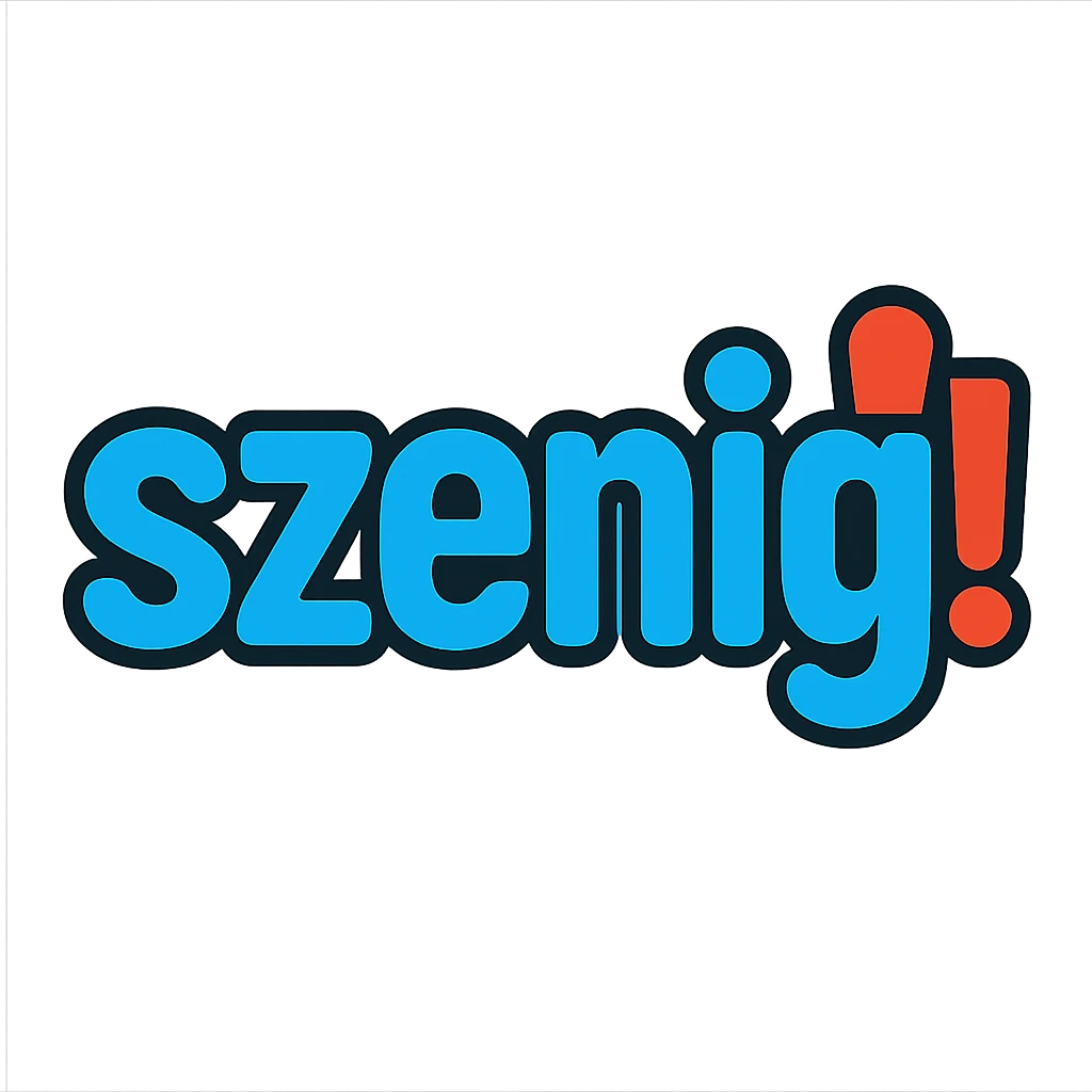 Text logo with the word 'szenig' in blue filling the entire area, and the exclamation mark at the end in strong red. Friendly, clear look with transparent background. emoji