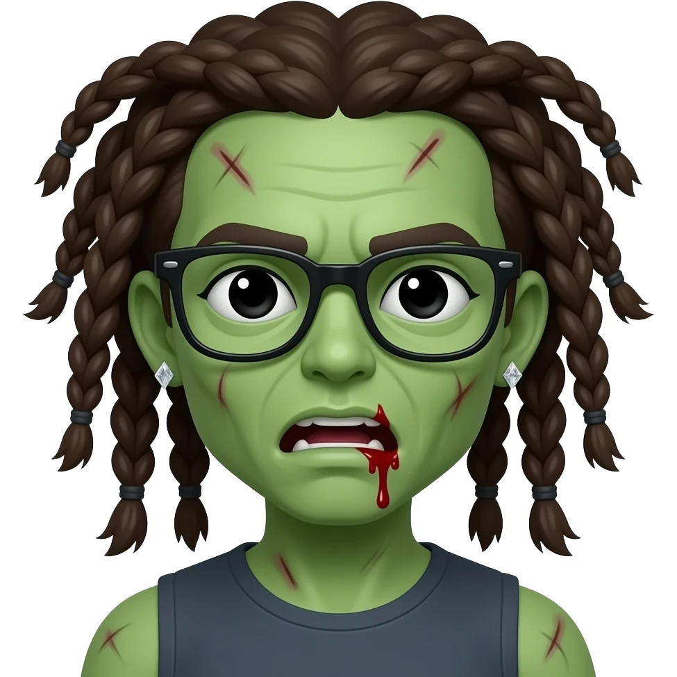 ow quality, green skin zombie, all black eyes, brown long braids 3c type hair, mouth slightly open with blood and scars on head, lunette noir, boucle d'oreille diamant emoji