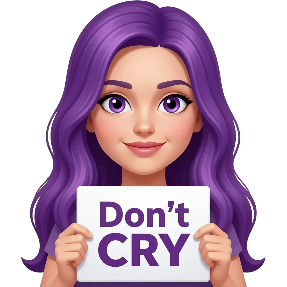 sexy girl with long purple hair and purple eyes holding Don't CRY sign emoji