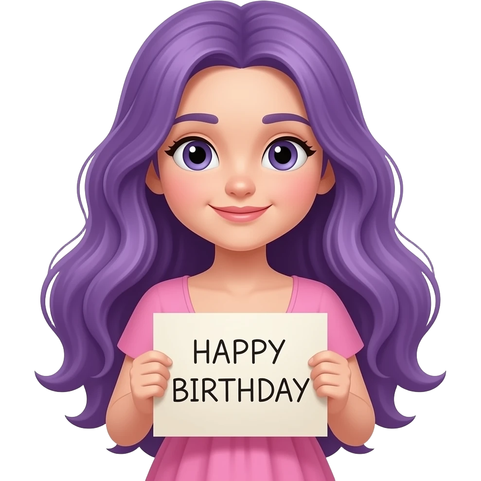 girl with long purple hair holding a HAPPY BIRTHDAY sign emoji