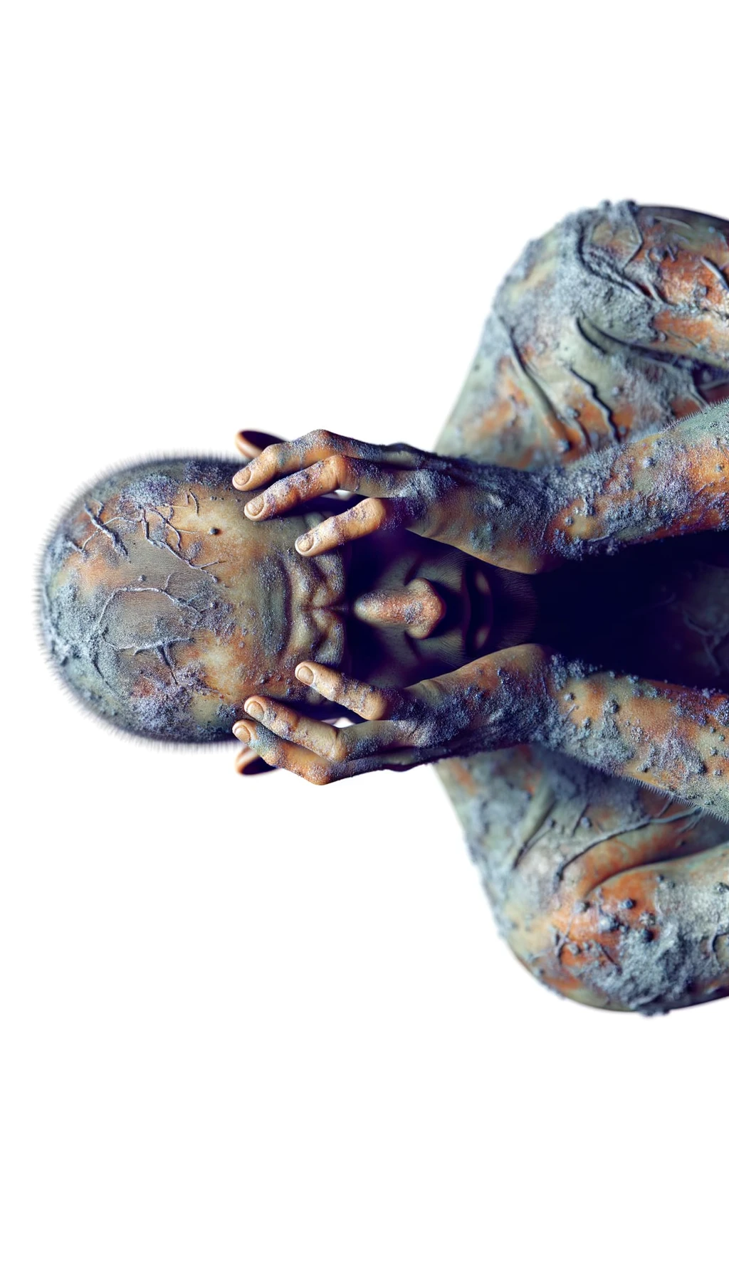 CORPO UMANO ANATOMICO REALISTICO CON COLORI REALISTICI DISPERATO, POSA FRONTALE,  SI TIENE LE MANI SULLA FRONTE E NON SA COSA FARE, SUDATO, IPERREALISTICO 4K, SFONDO BIANCO emoji