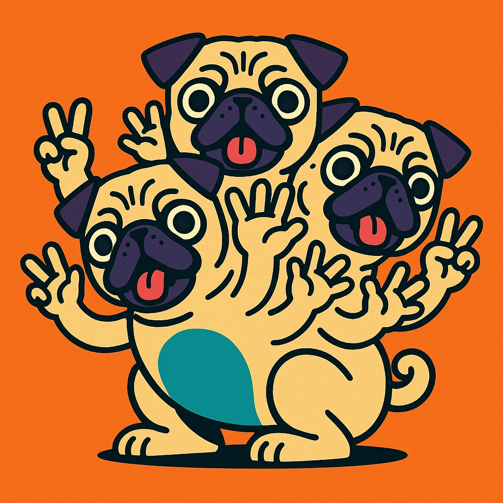 cartoon style fantasy pug with three heads, three arms per head, and a small notch in each ear emoji
