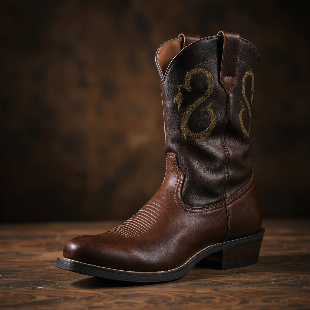 realistic brown cowboy boots, detailed leather texture, detailed stitching, side view emoji