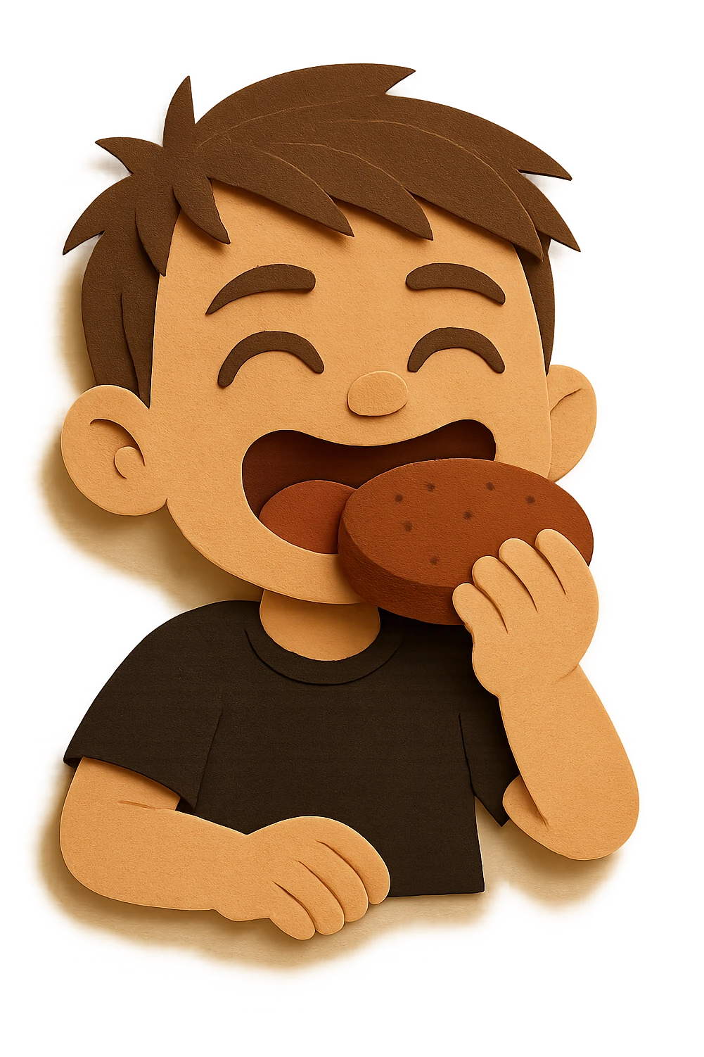 The same boy is now greedily chewing the meat patty, clearly enjoying it emoji