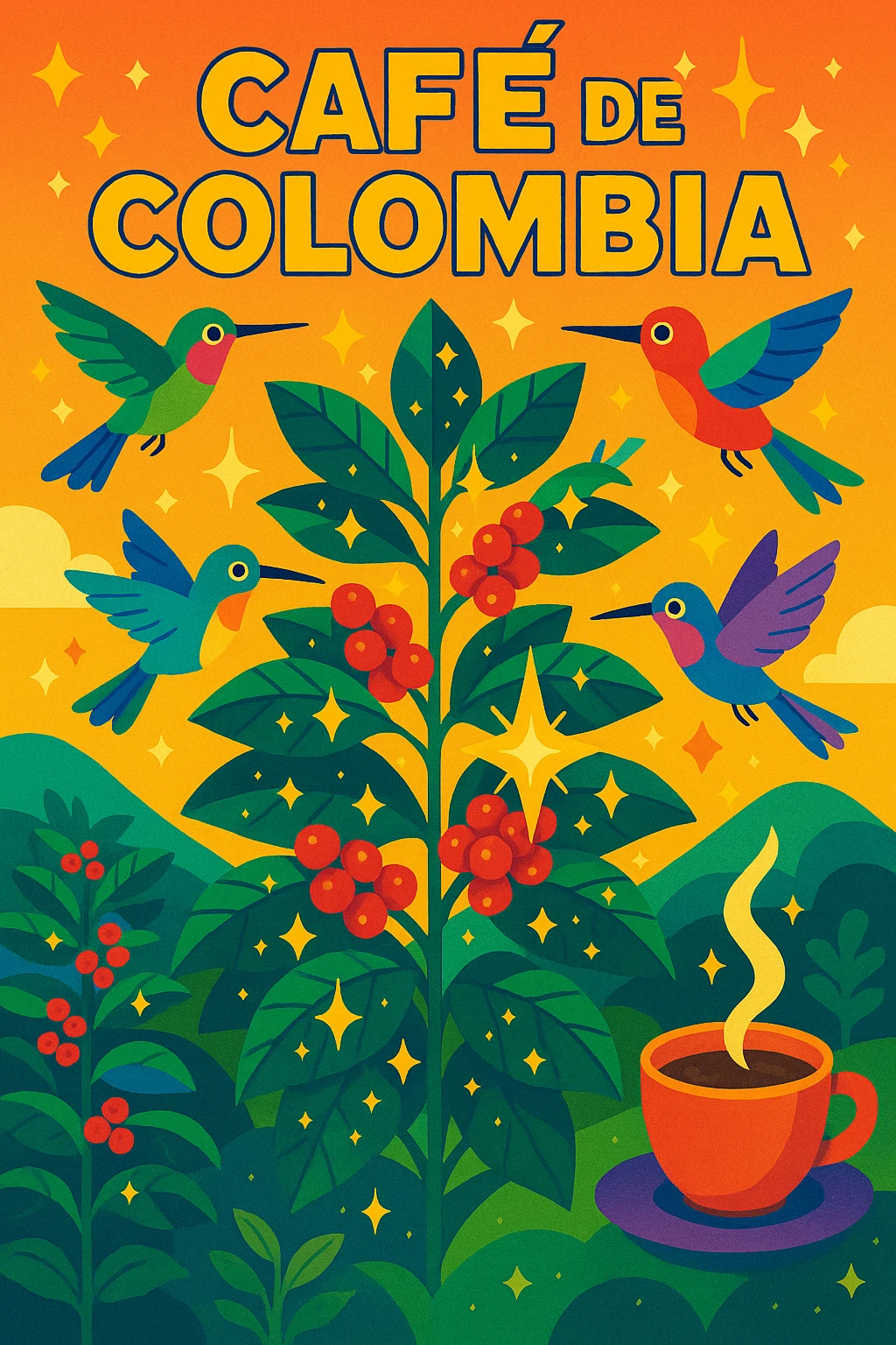 magical coffee farm in Colombia with enchanted coffee plants, hummingbirds, sparkling details, lively colorful style emoji