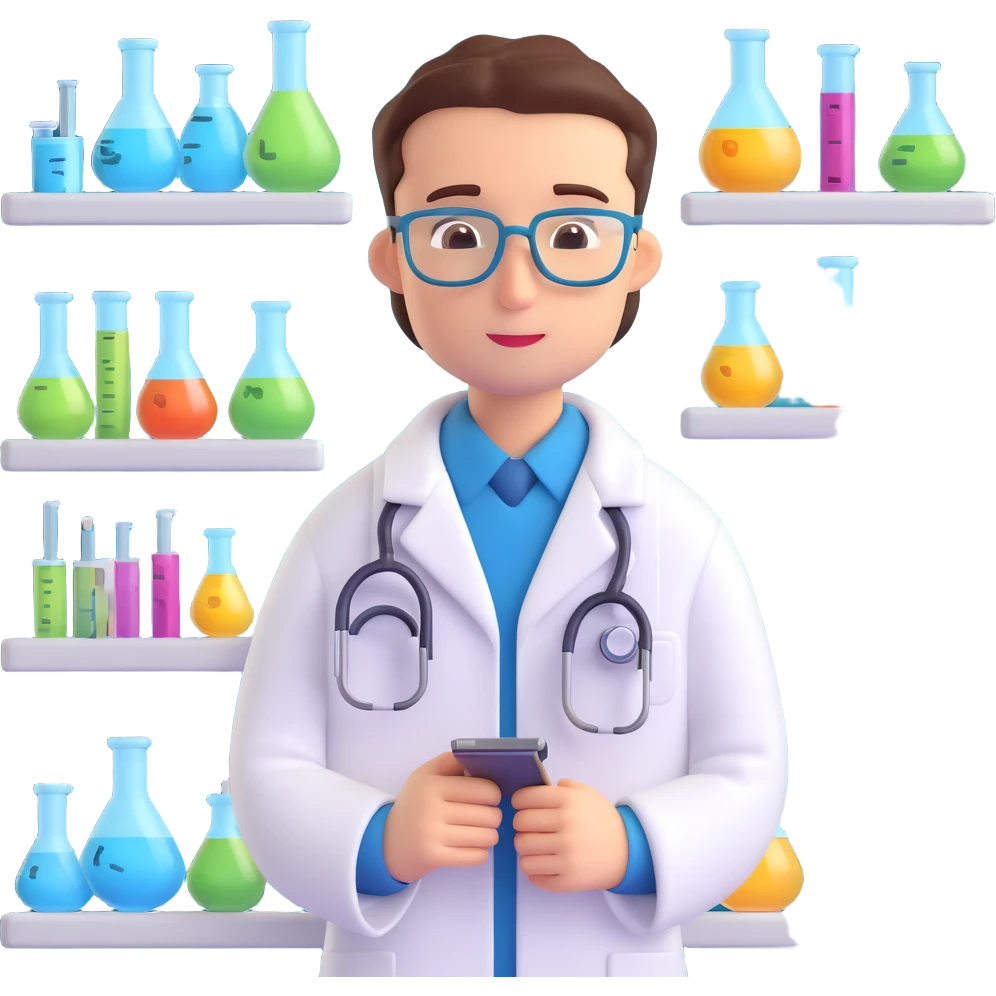 Close-up of a medical or clinical researcher in 3D emoji style, wearing a lab coat and a thoughtful expression, with a laboratory background featuring shelves with glassware, microscopes, or scientific posters. Maintain the same 3D emoji style as the reference image. emoji