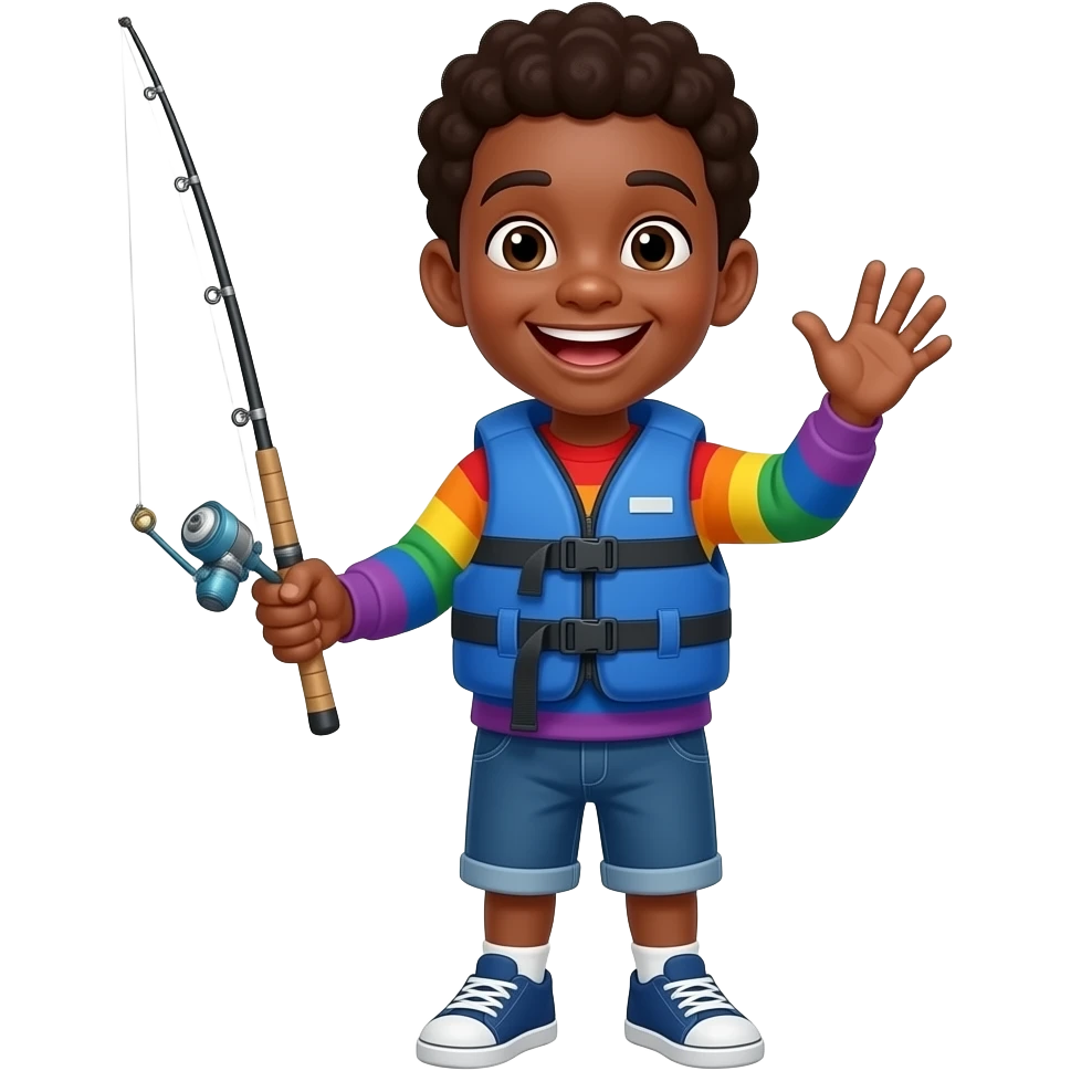 a black kid with a rain bow colored long sleeve shirt and a blue life jacket over it,smiling in excitment with a fishing pole in his hand emoji