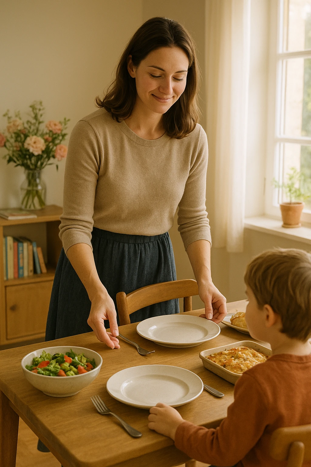 "Donna tra i 30 e i 40 anni, all’interno della sua casa luminosa, mentre prepara la tavola o accudisce i figli con un’espressione dolce e serena. Indossa abiti semplici e curati, simbolo di cura e presenza. Sullo sfondo si vedono dettagli di una casa armoniosa: fiori freschi, libri per bambini, un pranzo in preparazione. La scena trasmette calore, dedizione e stabilità familiare. Elementi visivi di supporto: luce solare che entra dalla finestra, atmosfera calda e rassicurante. Stile realistico con toni caldi e tenui emoji