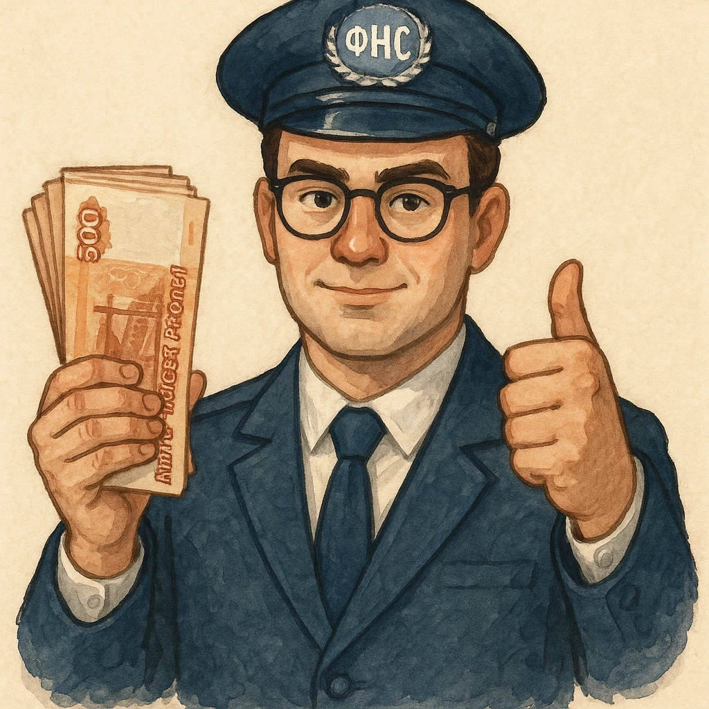 В слегка рисованном, но при этом объемном стиле инспектор ФНС держит пачку 5000 тысячных купюр, другой показывает класс и смотрит ровно на зрителя emoji
