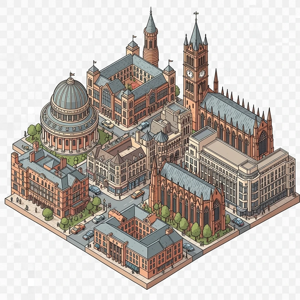 Isometric illustration of the Birmingham with iconic cities landmark, miniature slightly hand-drawn style, transparent background. emoji