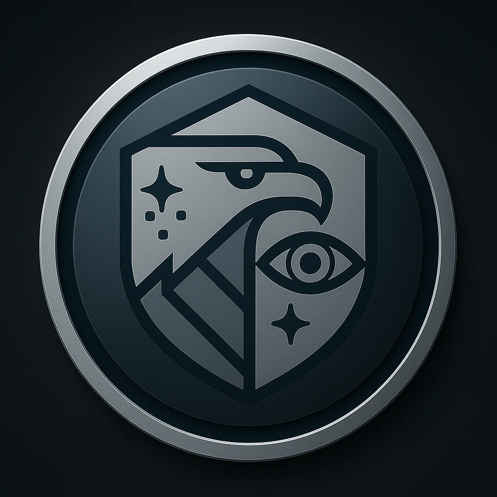 Place the logo inside a bold, modern circular badge. Maintain the minimal, futuristic, and authoritative style with dark blue, gray, and metallic silver colors. Ensure the design remains clean and recognizable at small sizes, with no background outside the circle. emoji