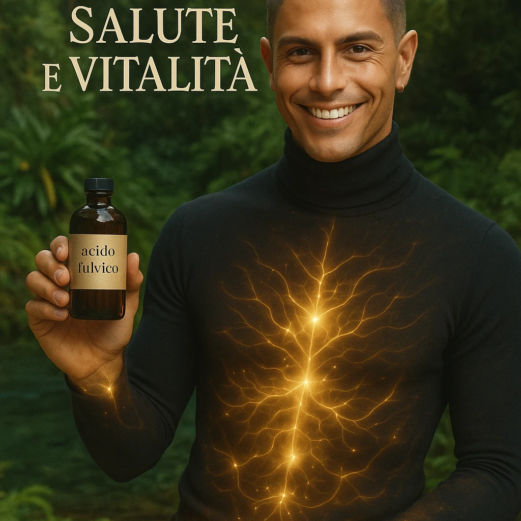 Create a vertical 9:16 wellness semi-realistic style image of a man with the face from the reference image. He is showing a bottle labeled 'acido fulvico'. Show translucent energy on the abdomen and skin. The environment is natural with plants and water. Include Italian text. emoji