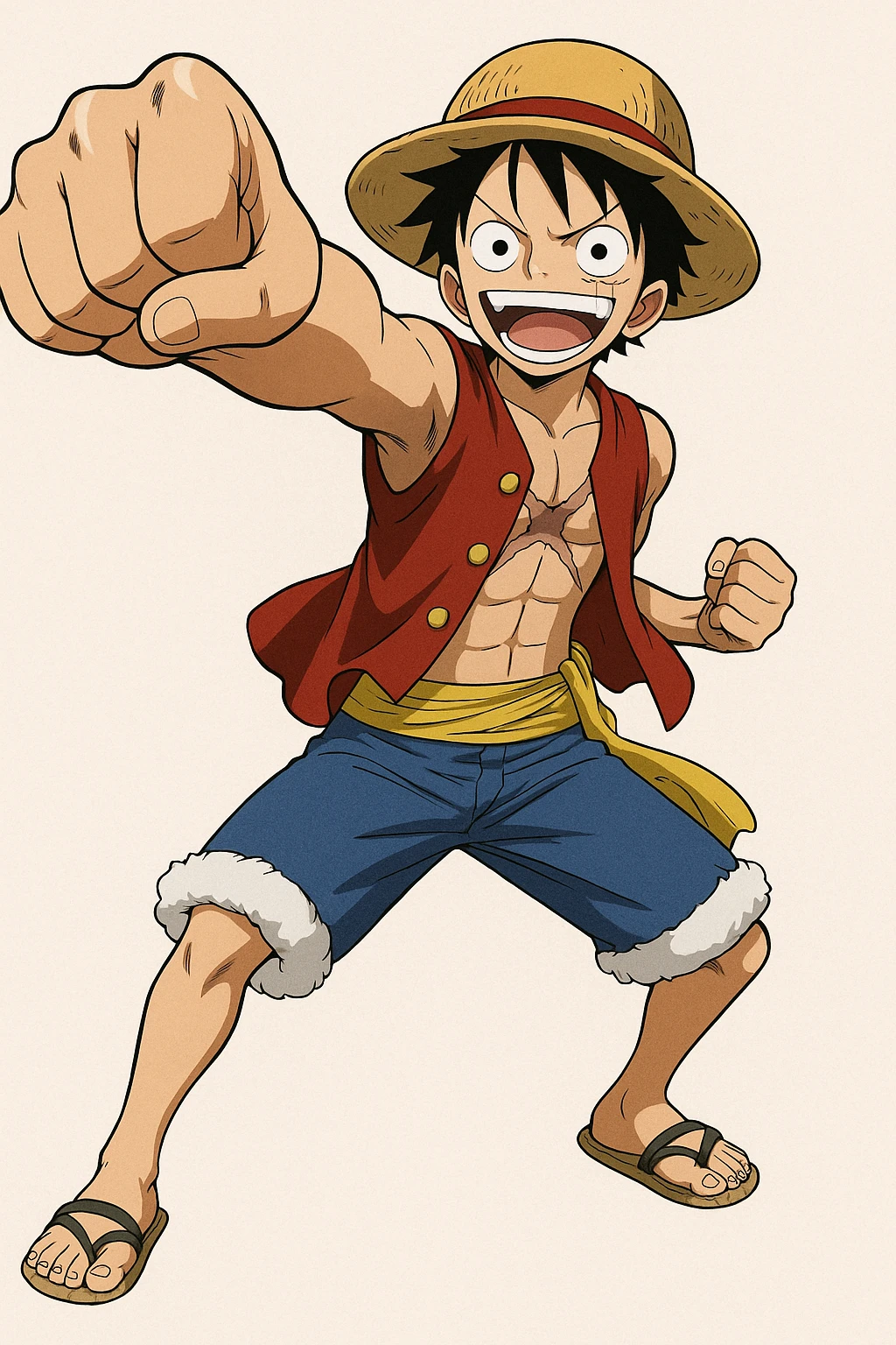 Luffy from One Piece, full body, stretching his arm, straw hat, red vest, blue shorts, anime style emoji