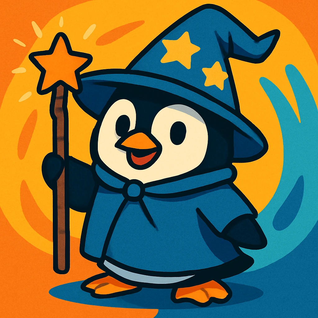 fun and whimsical penguin dressed as a wizard, with a pointed hat and a magic staff, vibrant toon style emoji
