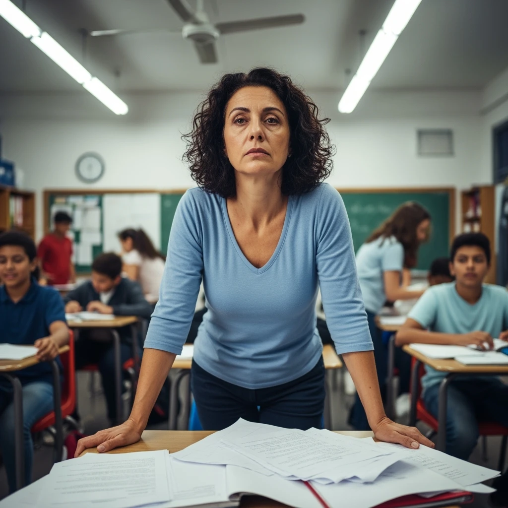 exhausted teacher in a bustling classroom emoji