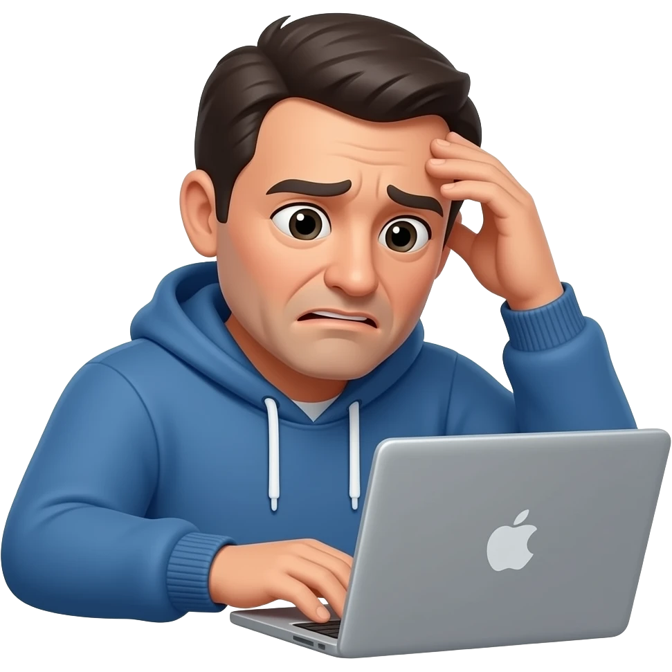 man worried looking at laptop with hand on head emoji
