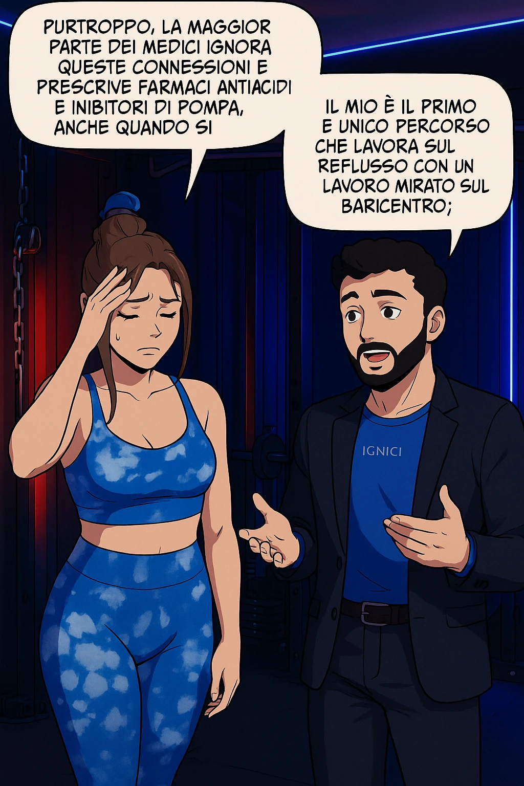 TRASFORMA QUESTO CAROSELLO IN UN FUMETTO STILE WEBTOON/MANGA A COLORI CON QUESTE DUE PERSONE IDENTICHE CHE INTERLOQUISCONO TRA LORO, L'uomo sta spiegando alla donna questo concetto MENTRE LA DONNA SI TIENE la mano sulla fronte sconcertata:

LUI (UOMO): Purtroppo, la maggior parte dei medici ignora queste connessioni e prescrive farmaci antiacidi e inibitori di pompa, anche quando si potrebbero evitare.
Il mio è il primo e unico percorso che lavora sul reflusso con un lavoro mirato sul baricentro; emoji