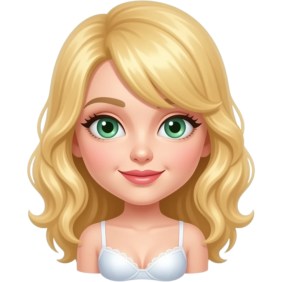 Blonde women with green eyes. She is wearing white lingerie with stockings and stiletto heels. emoji