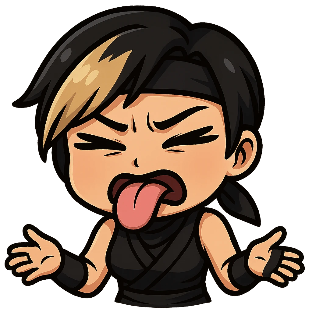 Sexy chibi ninja girl with black short hair and a blonde streak, only head and arms, colorful chibi style with bold outlines, transparent background, no mask, disgusted face with tongue sticking out and eyes squinting, sized for Twitch emoji use. emoji