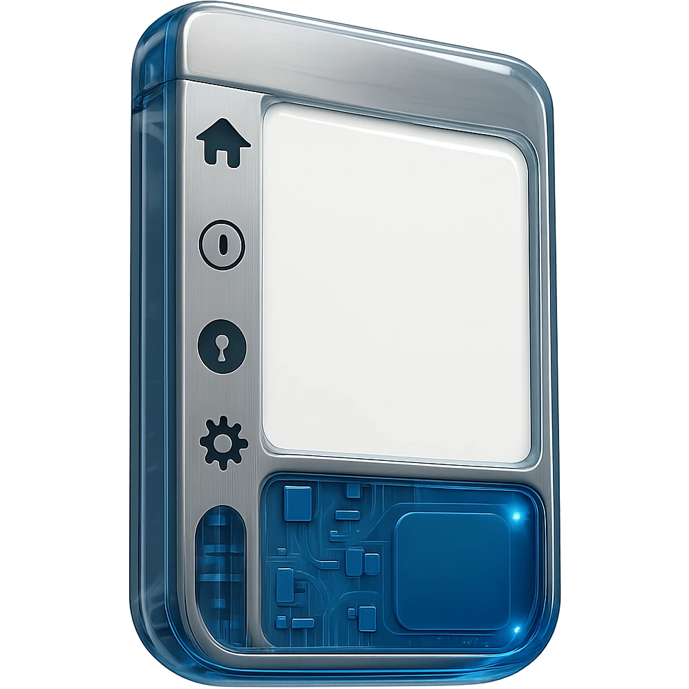 Replace the blue text area with a glossy, rounded blue computer screen style as before. Do not render any sample icons in the icon area. Keep the rest of the card unchanged: brushed metal frame, title, and icons area as one piece, white main area. No text or labels anywhere. emoji