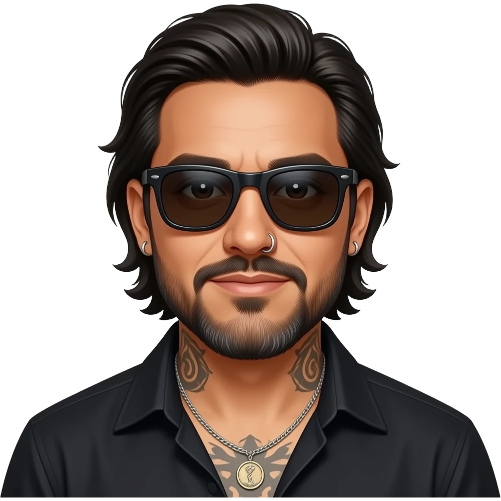 The handsome manly Latino podcast host with medium length hair, a long slightly graying beard and tattoos with his ears pierced 1 time each ear and a nose ring on the right side, dark brown eyes, wearing black, dark sunglasses, and jewelry, going to dinner emoji