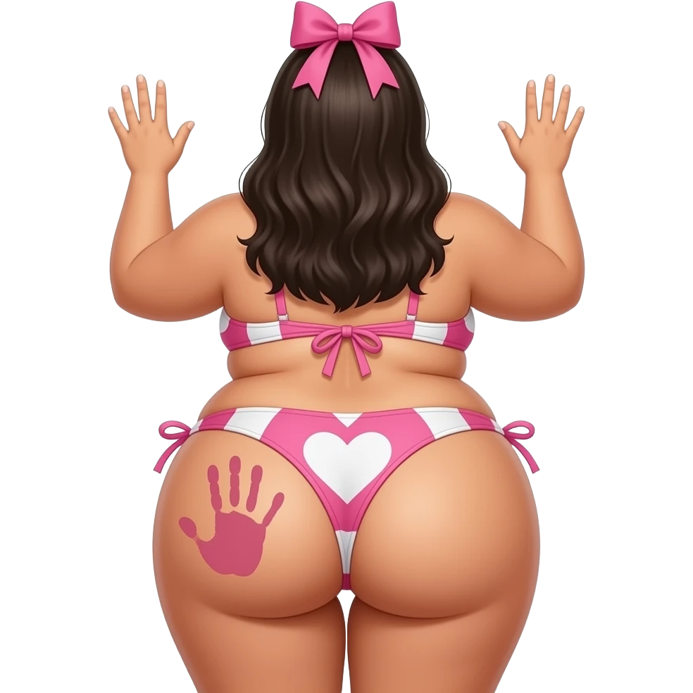 A tanned really extremely fat heart shaped pink and white big booty latina showing back its bikini and big thighs and buttocks while putting her hands behind the wall and she has a skin colored hand print on her left buttocks and she with a pink bow tie on her head emoji