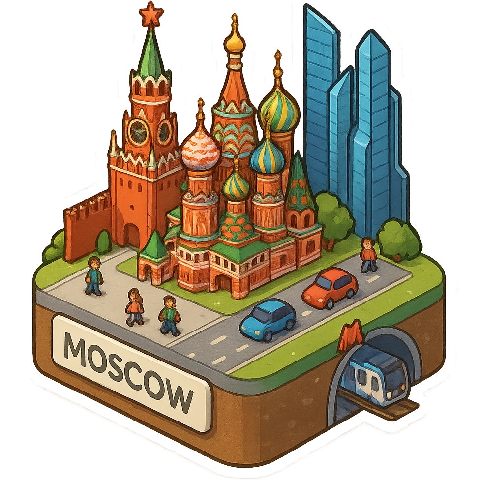 Изометричная миниатюрная 3D модель Москвы на подставке - фотореалистичный Кремль, собор Василия Блаженного, фотореалистичный Башни Москва-Сити, аккуратная детализация, яркие цвета, мультяшный реализм, гуляют люди и современный автотранспорт и метро, компактная композиция, вид сверху в изометрии emoji
