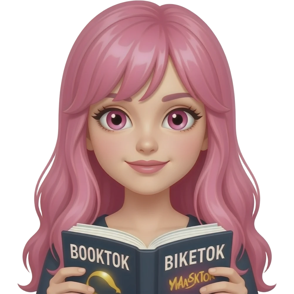 sexy girl with long pink hair and pink eyes holding a BOOKTOK BIKETOK MASKTOK emoji